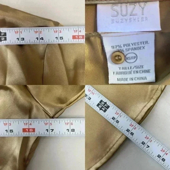 Suzy Shier Wrap Blouse Gold Satin V Neck Tie Waist 3/4 Sleeve Sash  Belt Size XS - Picture 15 of 16